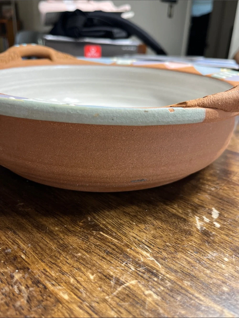 Handmade Dana McDaniel Terracotta Serving Bowl with Pastel Geometric Rim